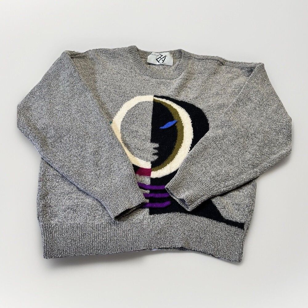 Vintage Antonello Italy Art Graphic Face Sweater Gray Wool Blend Medium